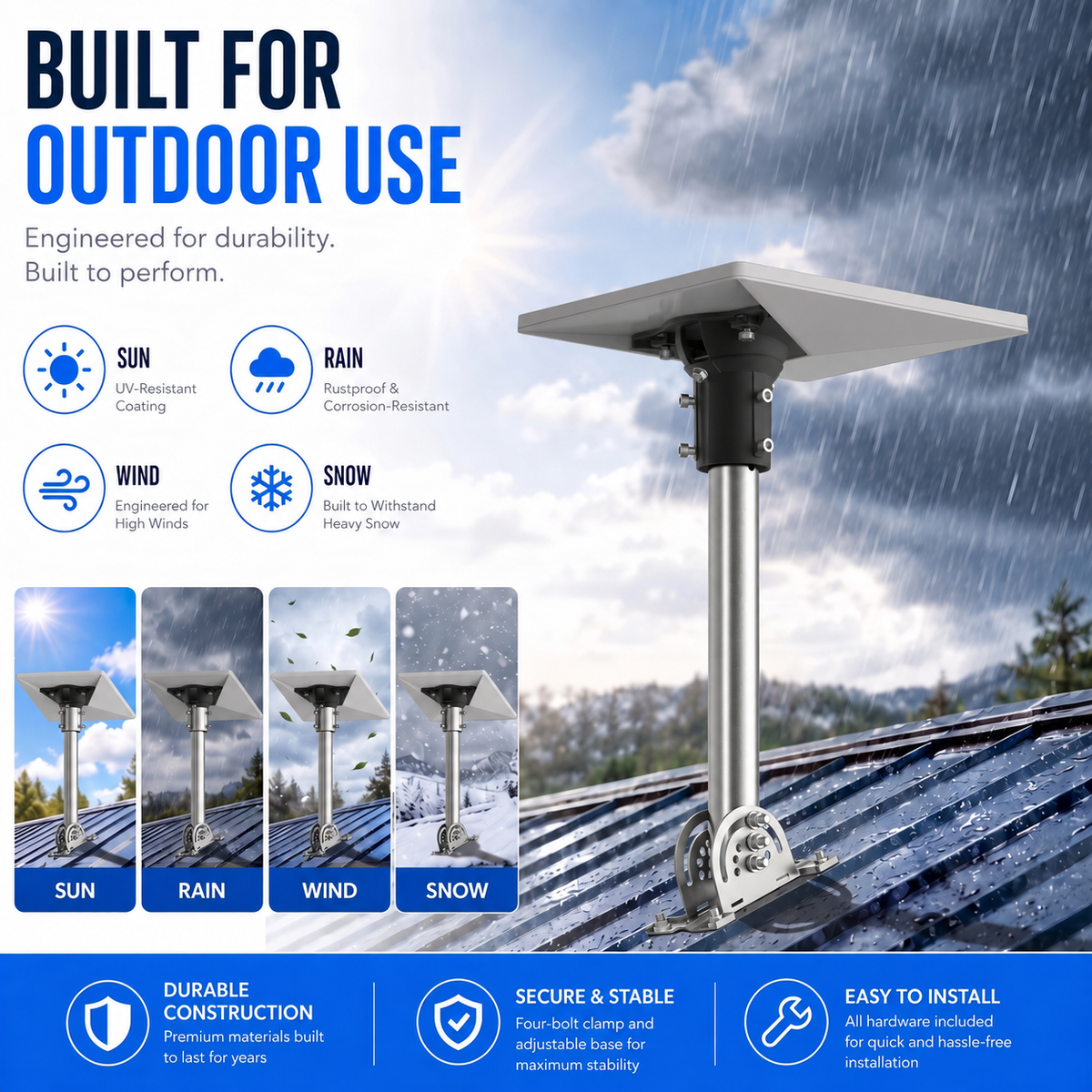Starlink Mini Roof Mount – 290 mm Stainless Steel Pole with Black Multi-Angle Ball Joint Adapter