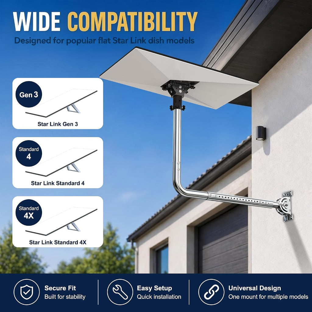 Starlink Gen 3 / Standard 4 / 4X / Enterprise Telescopic Long Wall Mount – Stainless Steel 90° Elbow Pole with Adjustable Tilt Adapter