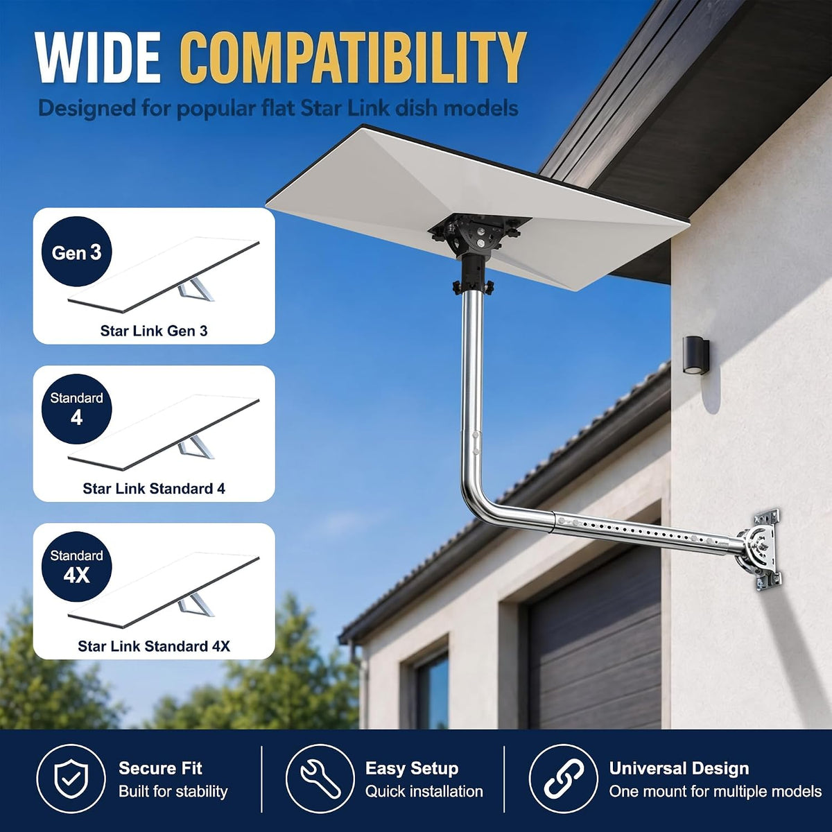 Starlink Gen 3 / Standard 4 / 4X / Enterprise Telescopic Long Wall Mount – Stainless Steel 90° Elbow Pole with Adjustable Tilt Adapter