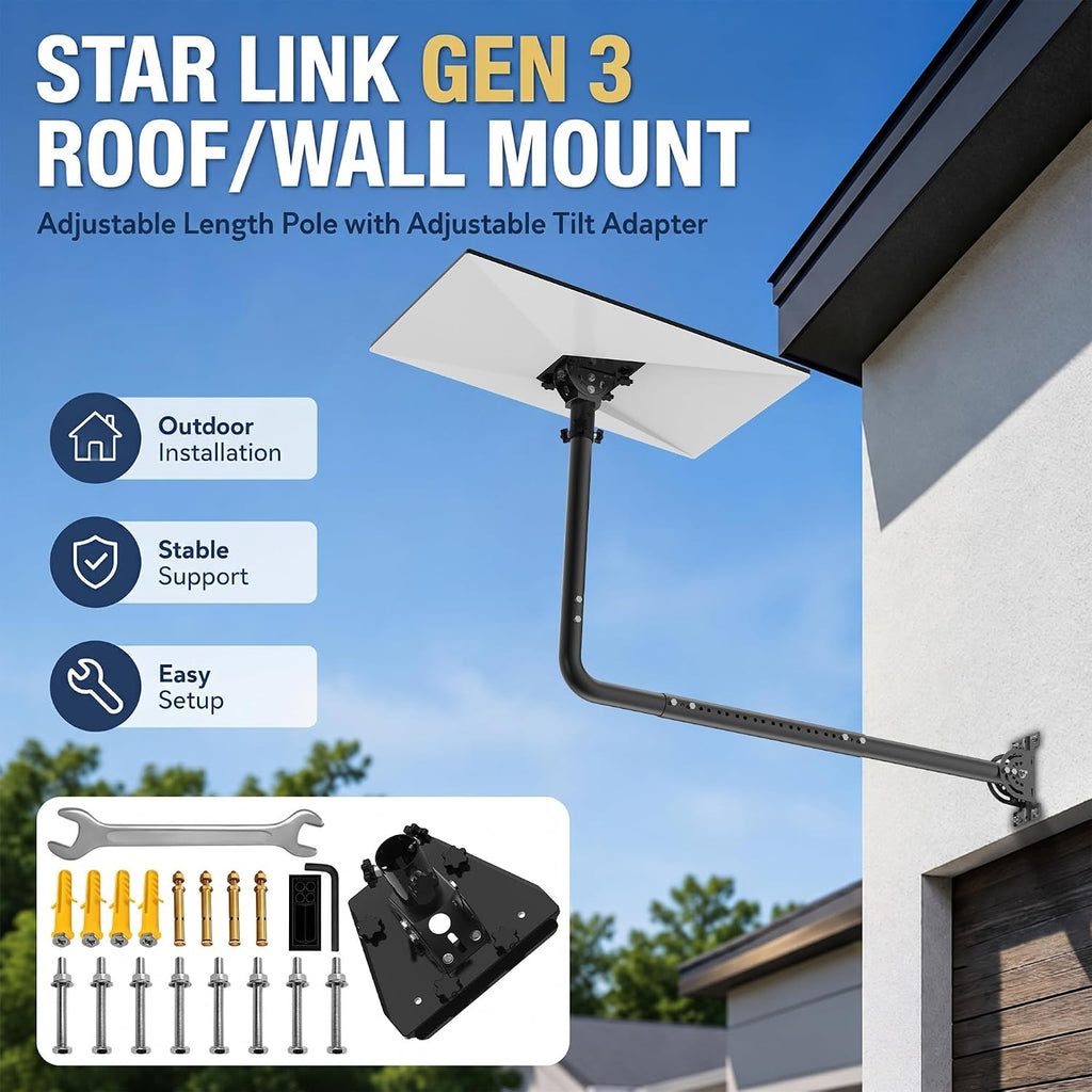 Starlink Gen 3 Telescopic Long Wall Mount – Black 90° Elbow Pole with Adjustable Tilt Adapter