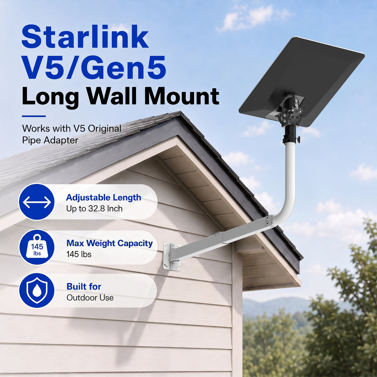 Starlink V5 / Gen 5 Long Wall Mount – White Base with Black Adapter, Adjustable 32.8" Extension, Works with Original V5 Pipe Adapter