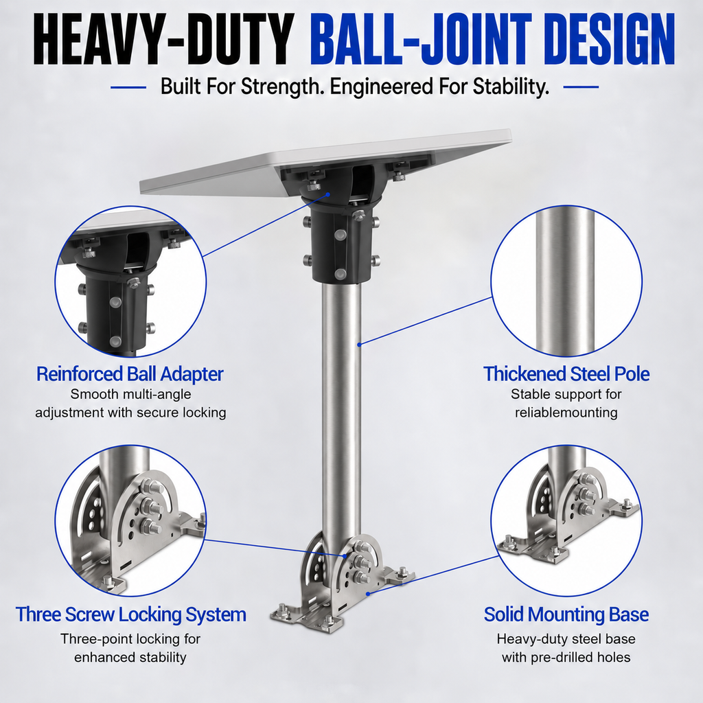 Starlink Mini Roof Mount – 290 mm Stainless Steel Pole with Black Multi-Angle Ball Joint Adapter