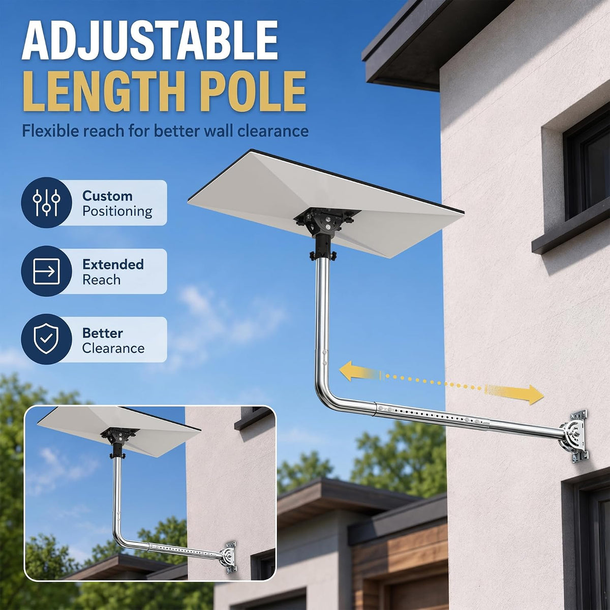 Starlink Gen 3 / Standard 4 / 4X / Enterprise Telescopic Long Wall Mount – Stainless Steel 90° Elbow Pole with Adjustable Tilt Adapter