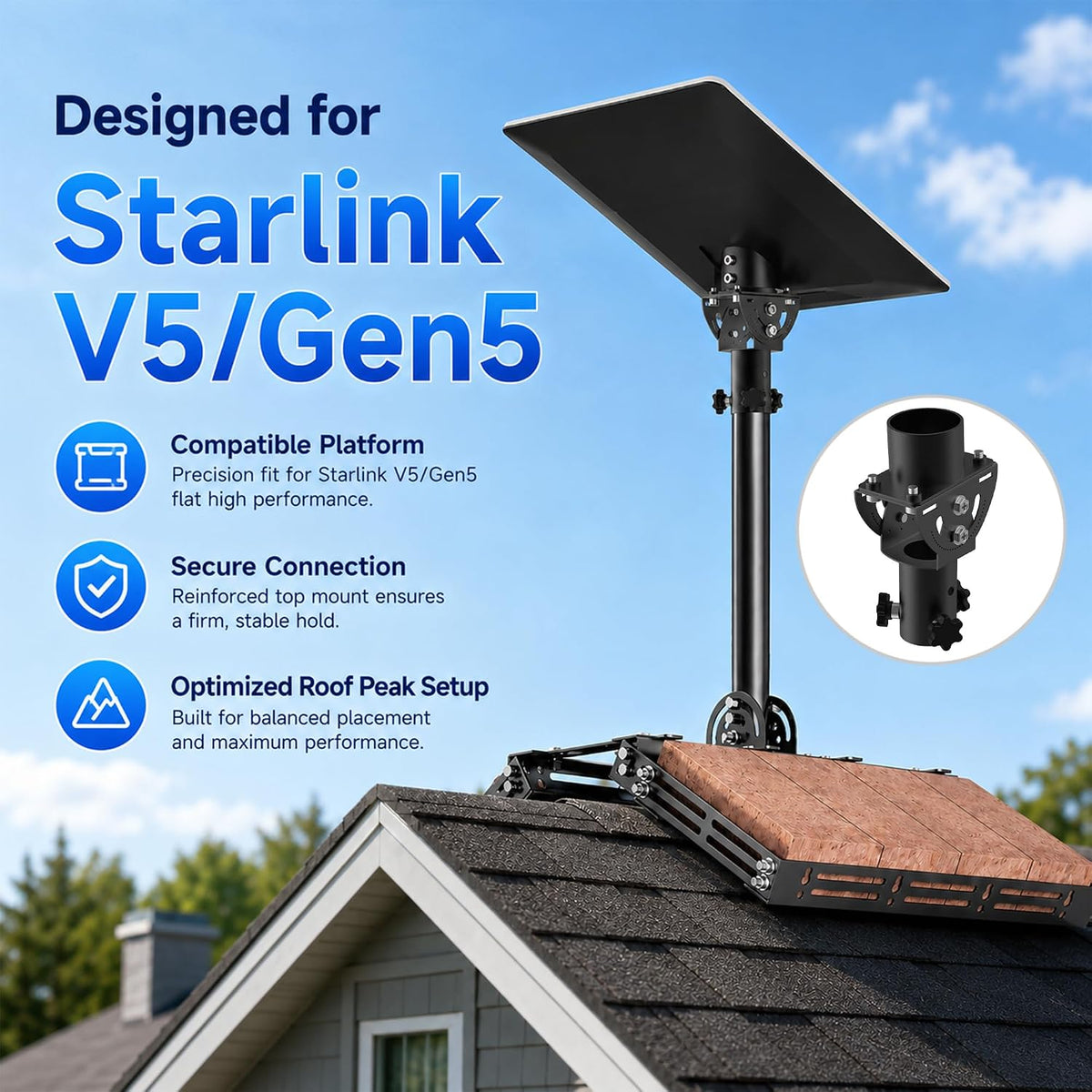 Starlink V5 / Gen 5 Roof Ridge Mount – Aluminum Alloy Adjustable Mount, Works with Original V5 Pipe Adapter
