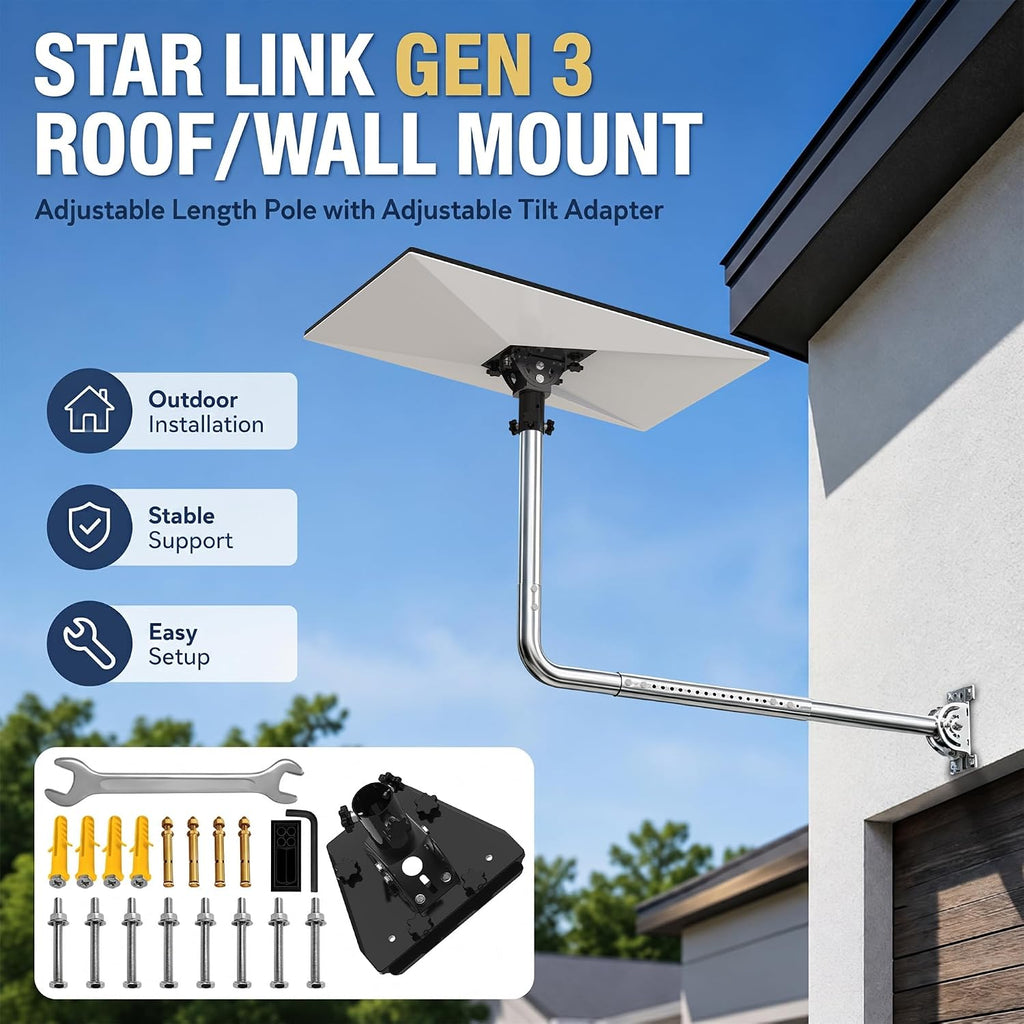 Starlink Gen 3 / Standard 4 / 4X / Enterprise Telescopic Long Wall Mount – Stainless Steel 90° Elbow Pole with Adjustable Tilt Adapter