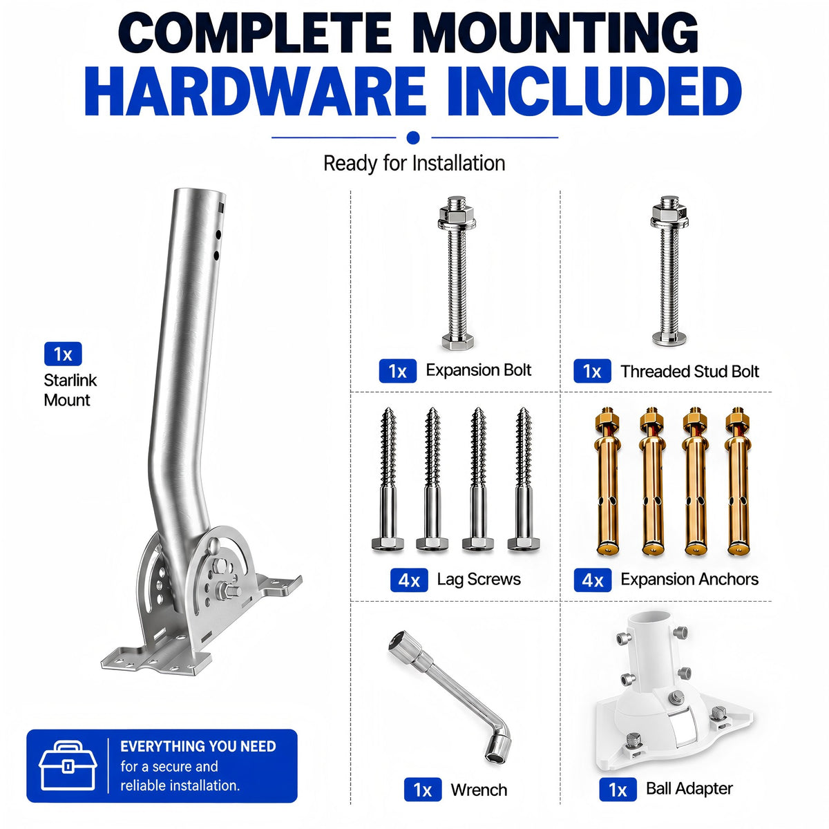 Starlink Mini Wall Mount – 265 mm Stainless Steel J-Pole with White Multi-Angle Ball Joint Adapter