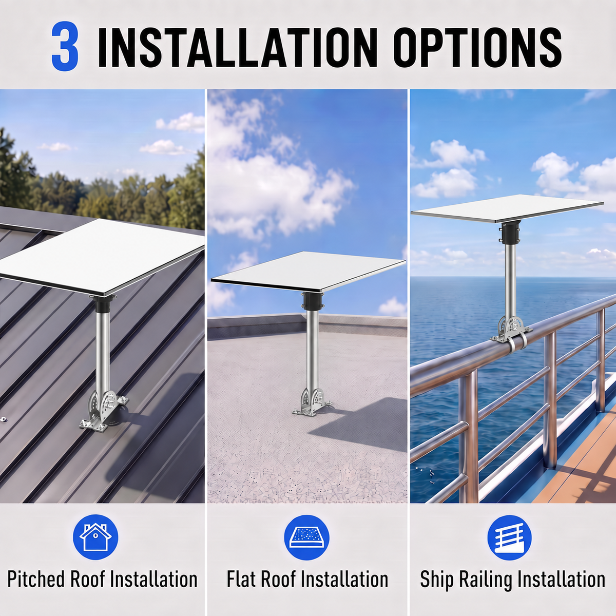 Starlink Gen 3 / Standard 4 / 4X / Enterprise Roof Mount – 430 Stainless Steel Pole with Black Aluminum Ball Joint Adapter
