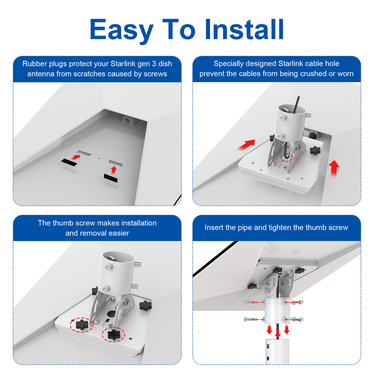 Starlink Gen 3 / Standard 4 / 4X / Enterprise Pipe Adapter – White Adjustable Mount for Poles Up to 2.05" / 52 mm