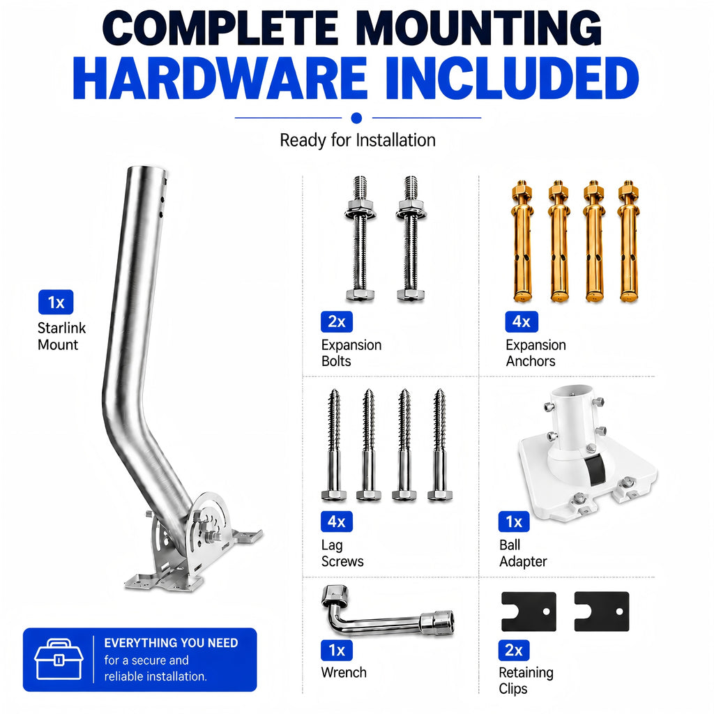 Starlink Gen 3 Wall Mount – 430 Stainless Steel J-Pole with White Multi-Angle Ball Joint Adapter