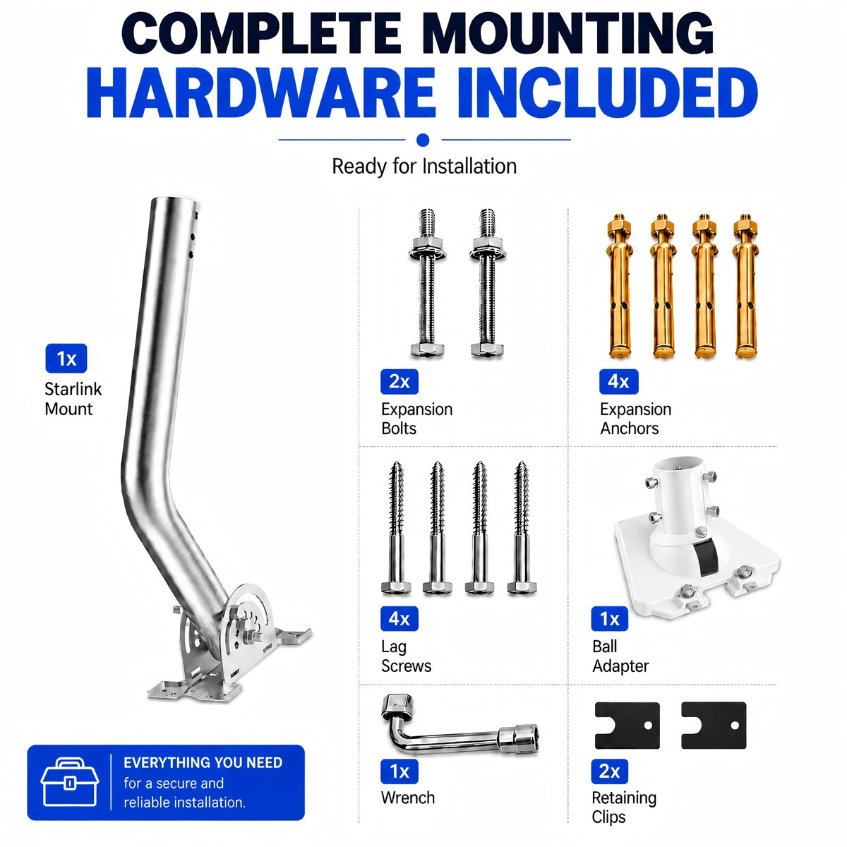 Starlink Gen 3 Wall Mount – 430 Stainless Steel J-Pole with White Multi-Angle Ball Joint Adapter