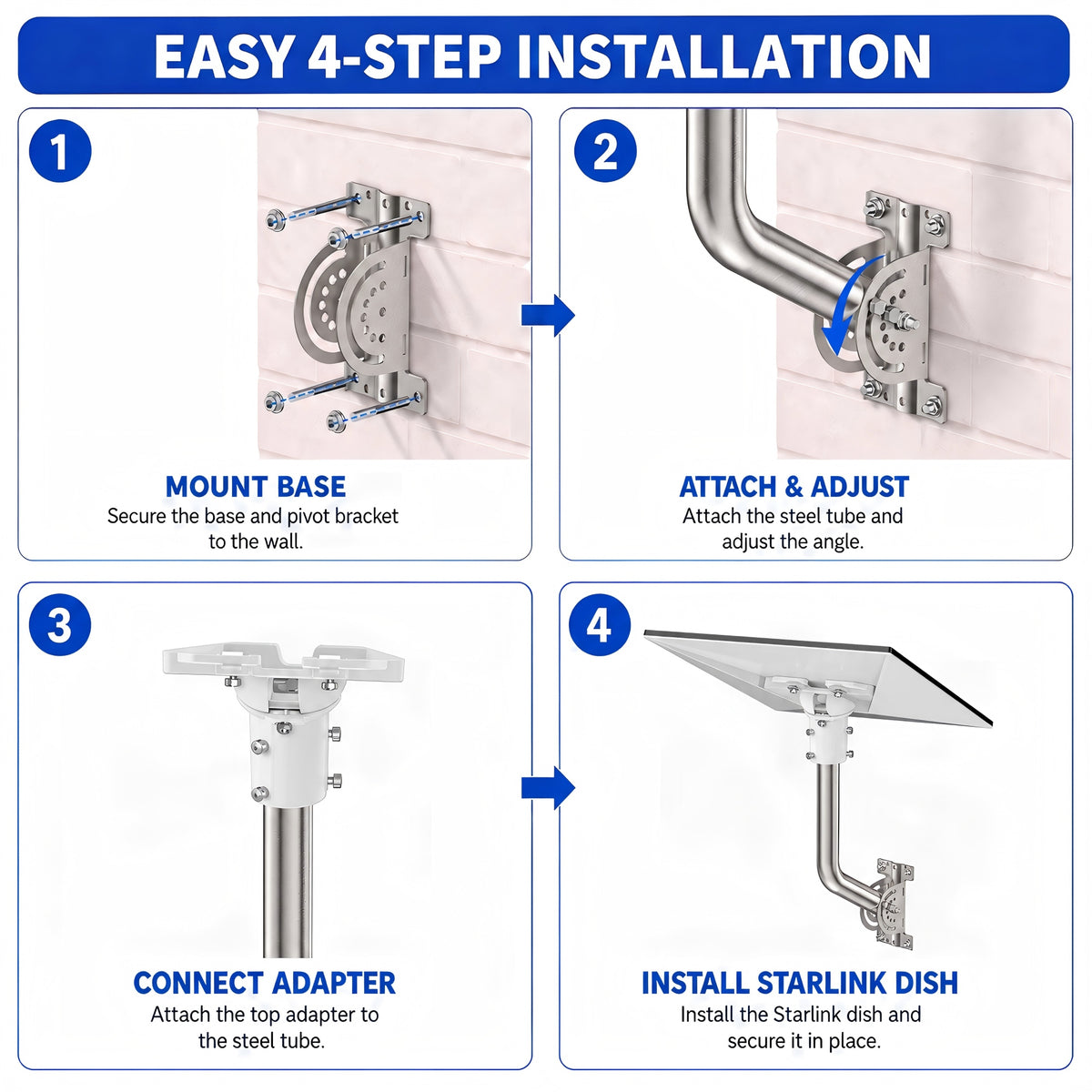 Starlink Gen 3 Wall Mount – 430 Stainless Steel J-Pole with White Multi-Angle Ball Joint Adapter