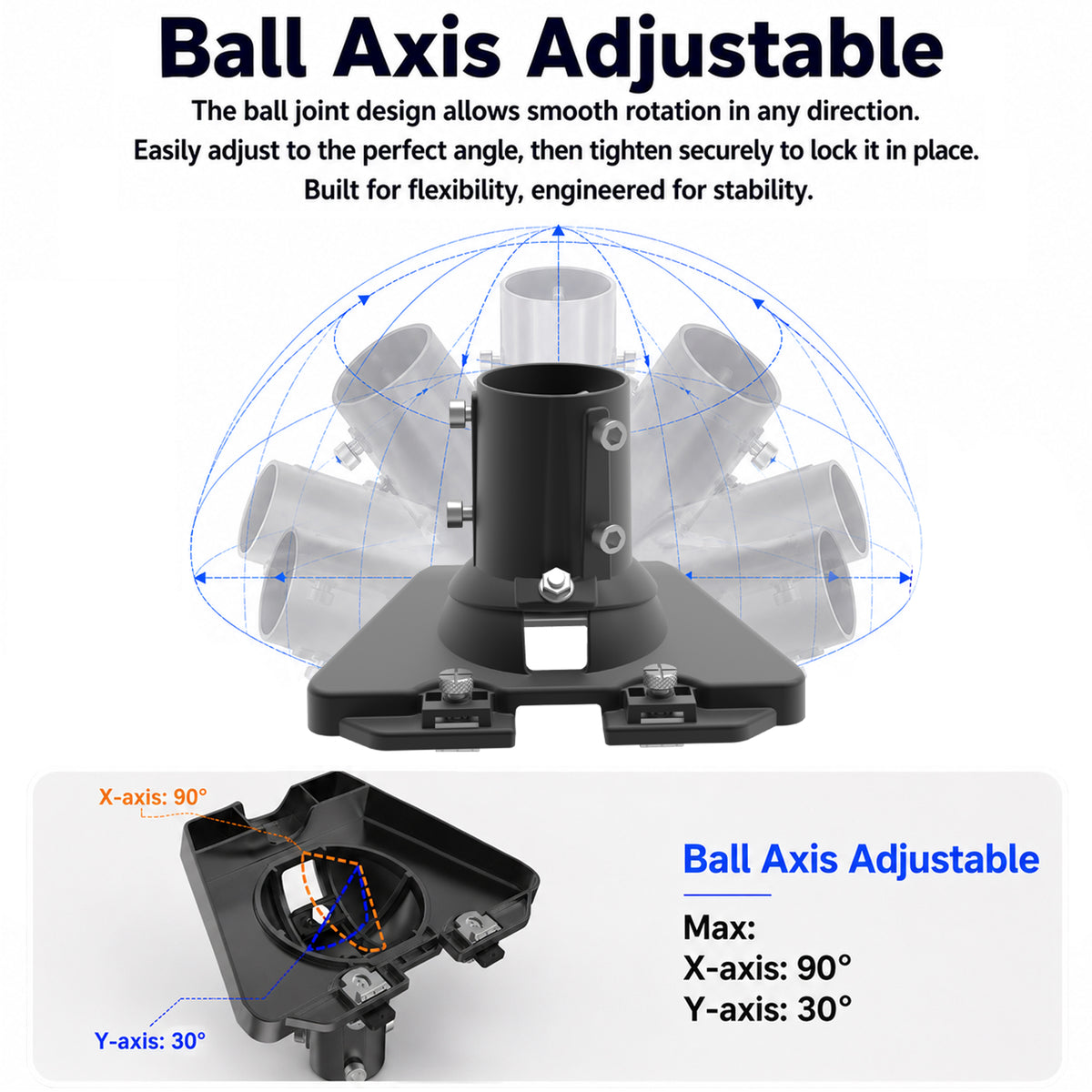 Starlink Gen 3 Ball Joint Adapter – Black Aluminum Multi-Angle Mount for Poles Up to 2.0"