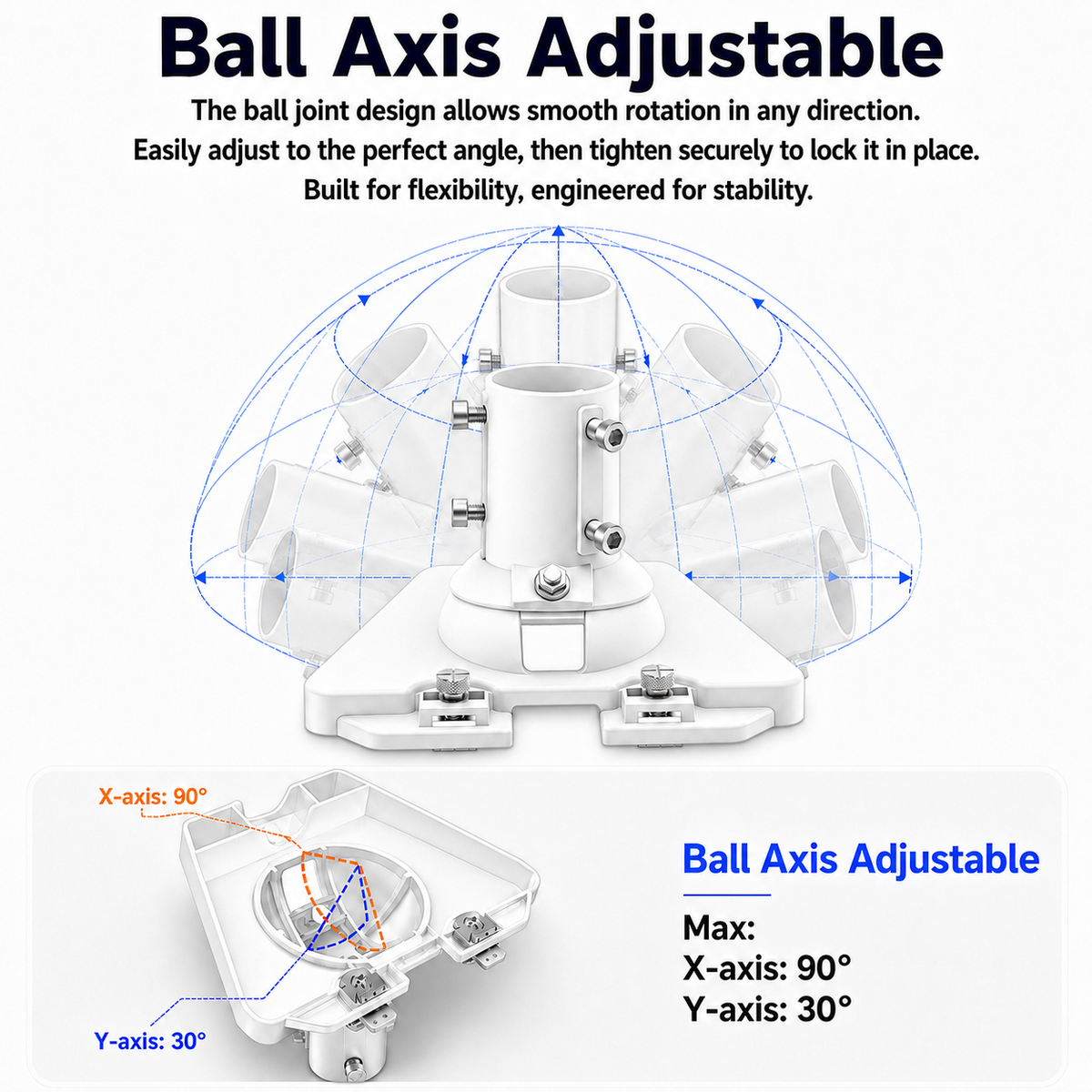 Starlink Gen 3 / Standard 4 / 4X / Enterprise Ball Joint Adapter – White Aluminum Mount for Poles Up to 2.0" / 50.5 mm