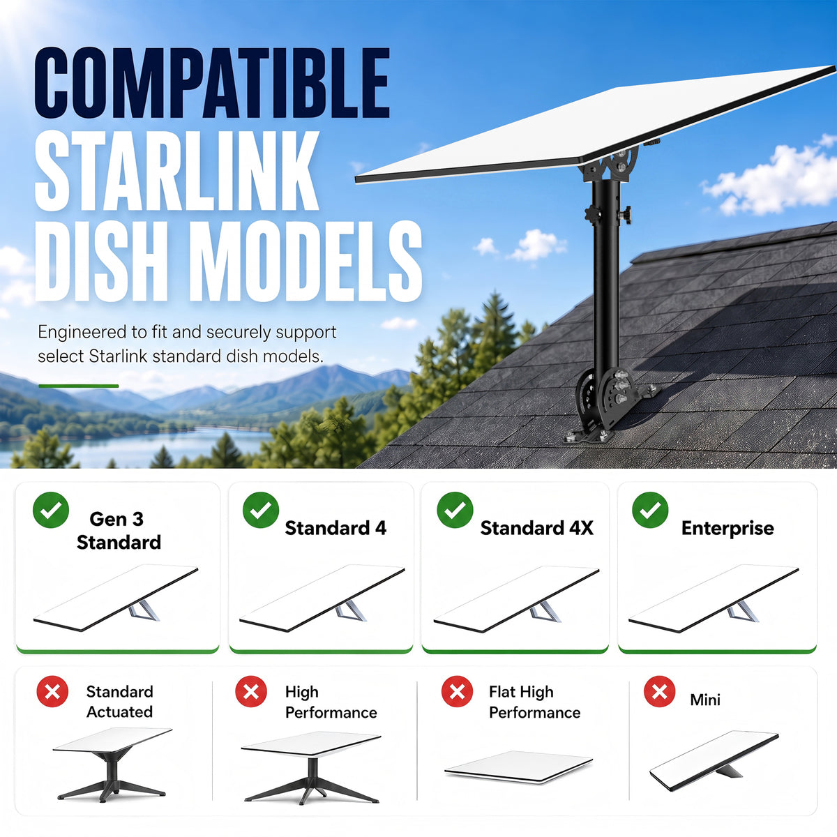 Starlink Gen 3 Roof Mount – 290 mm Black Powder-Coated Pole with 160° Adjustable Adapter
