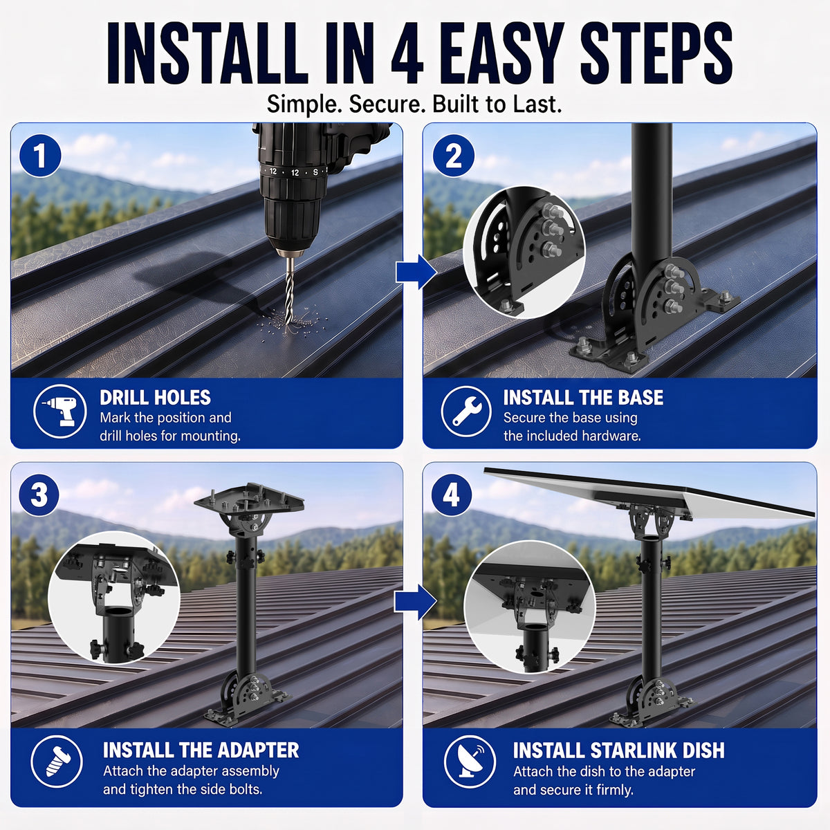 Starlink Gen 3 Roof Mount – 290 mm Black Powder-Coated Pole with 160° Adjustable Adapter
