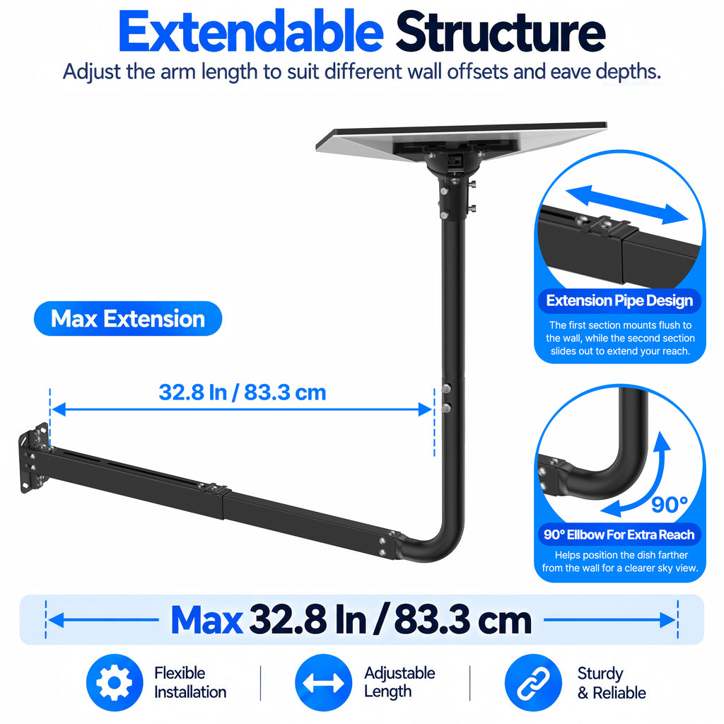 Starlink Gen 3 Extendable Long Wall Mount – 32.8" Black Pole with Multi-Angle Ball Joint Adapter