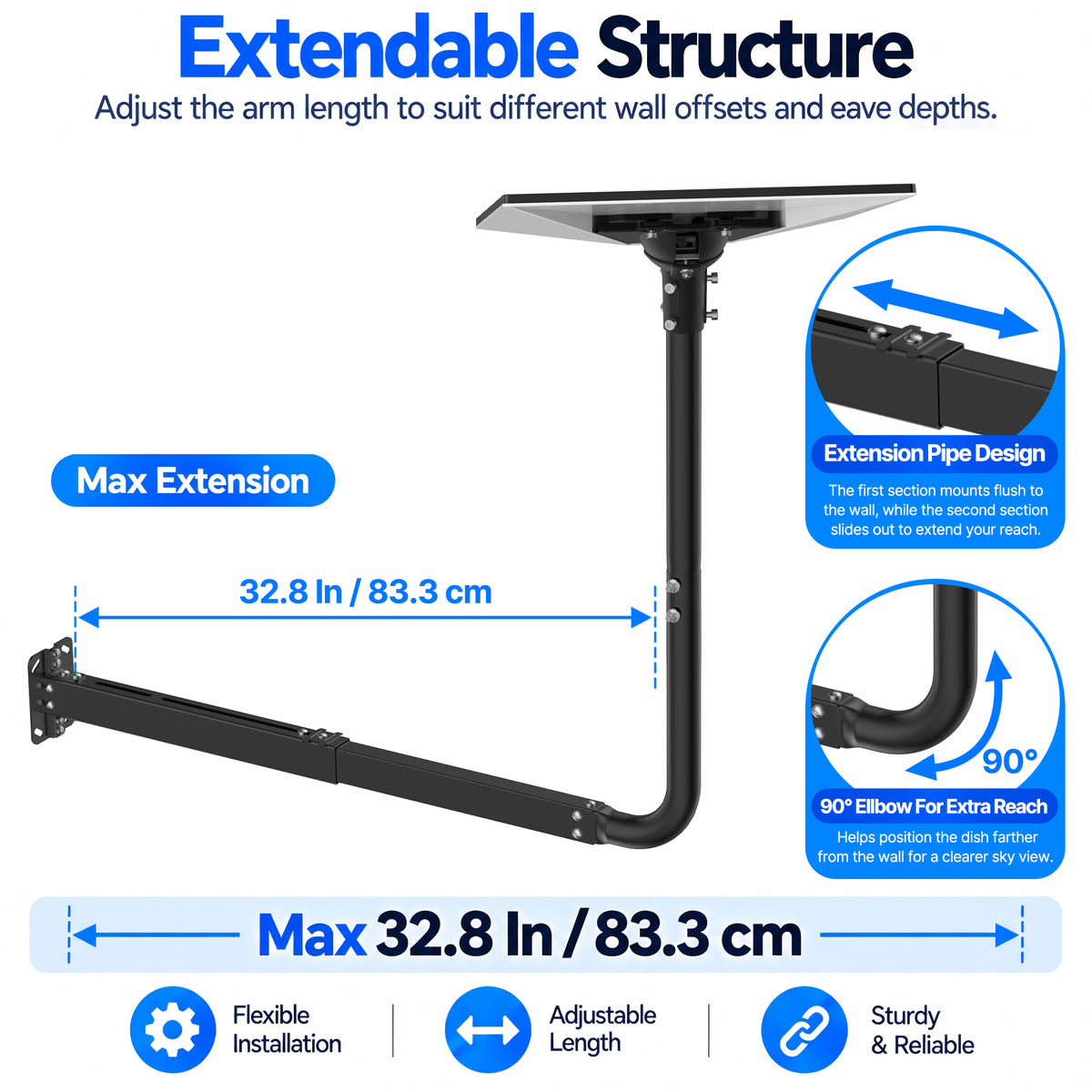 Starlink Gen 3 Extendable Long Wall Mount – 32.8" Black Pole with Multi-Angle Ball Joint Adapter