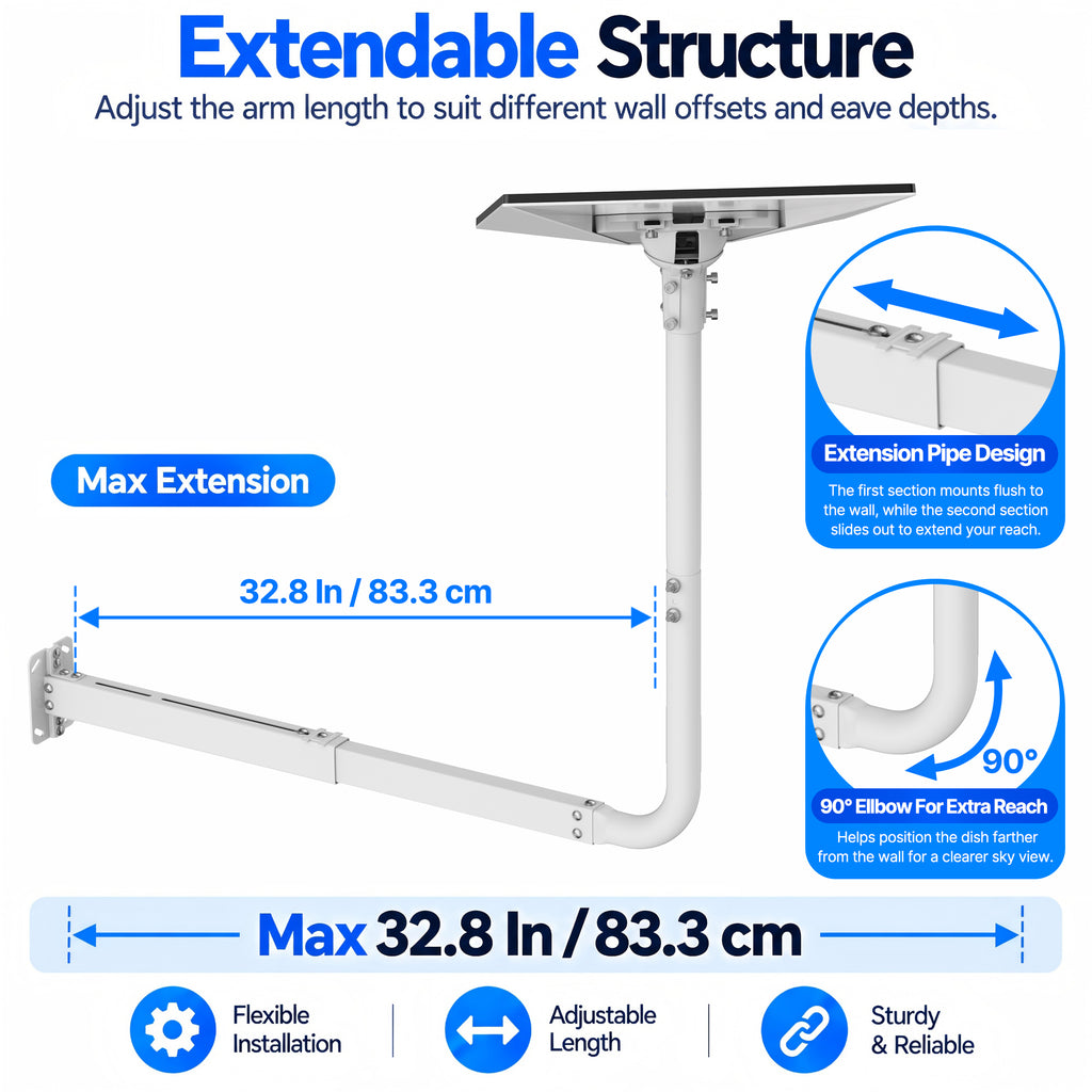 Starlink Gen 3 Extendable Long Wall Mount – White Pole with Multi-Angle Ball Joint Adapter