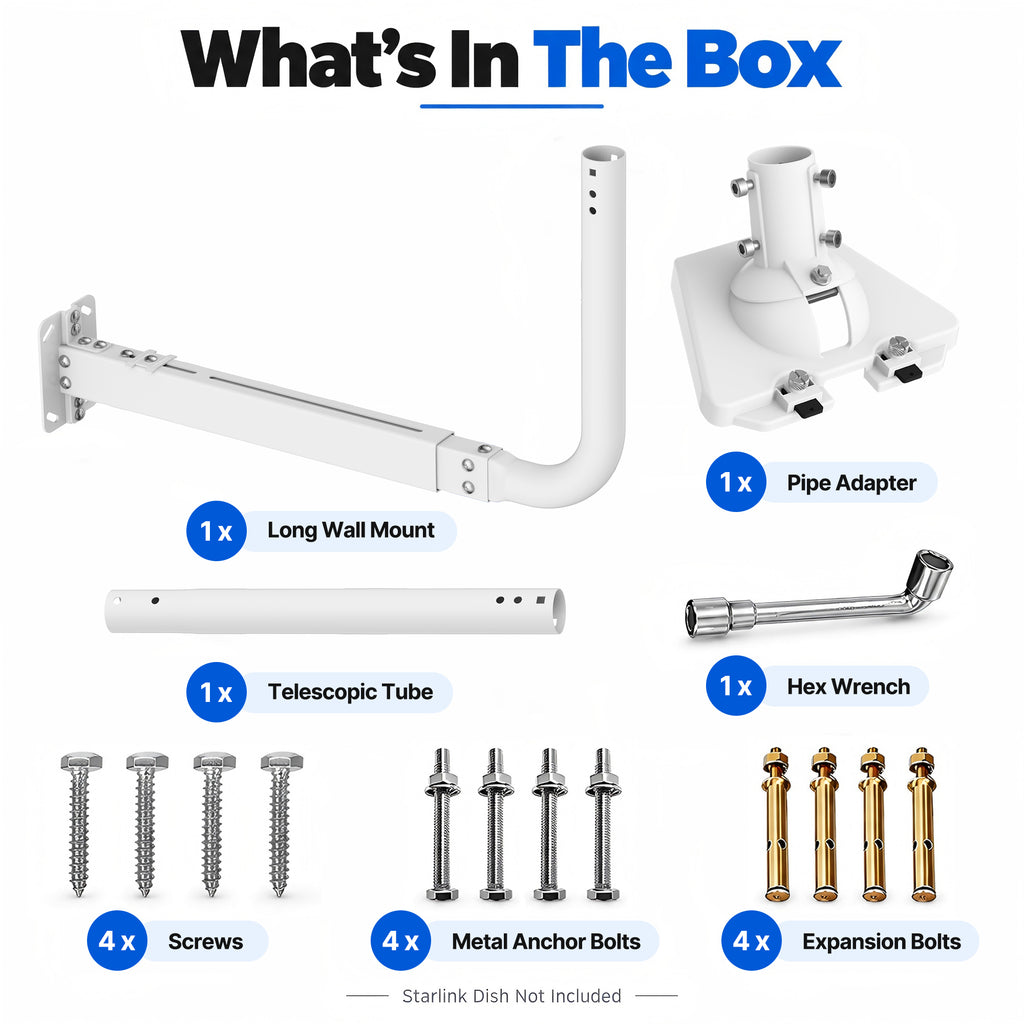 Starlink Gen 3 Extendable Long Wall Mount – White Pole with Multi-Angle Ball Joint Adapter