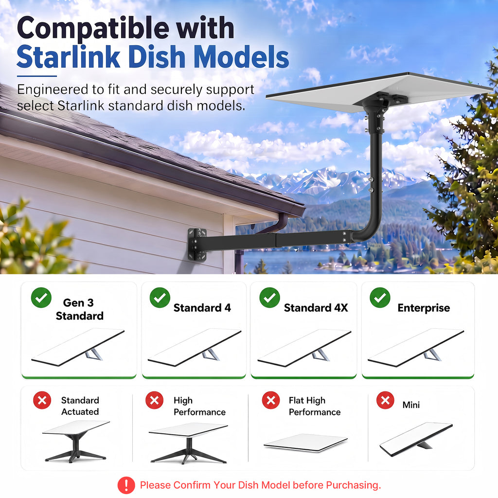 Starlink Gen 3 Extendable Long Wall Mount – 32.8" Black Pole with Multi-Angle Ball Joint Adapter