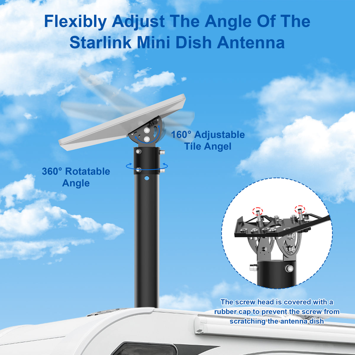 Starlink Mini Pipe Adapter – Black Adjustable Tilt Mount for Poles Up to 2.05" / 52 mm