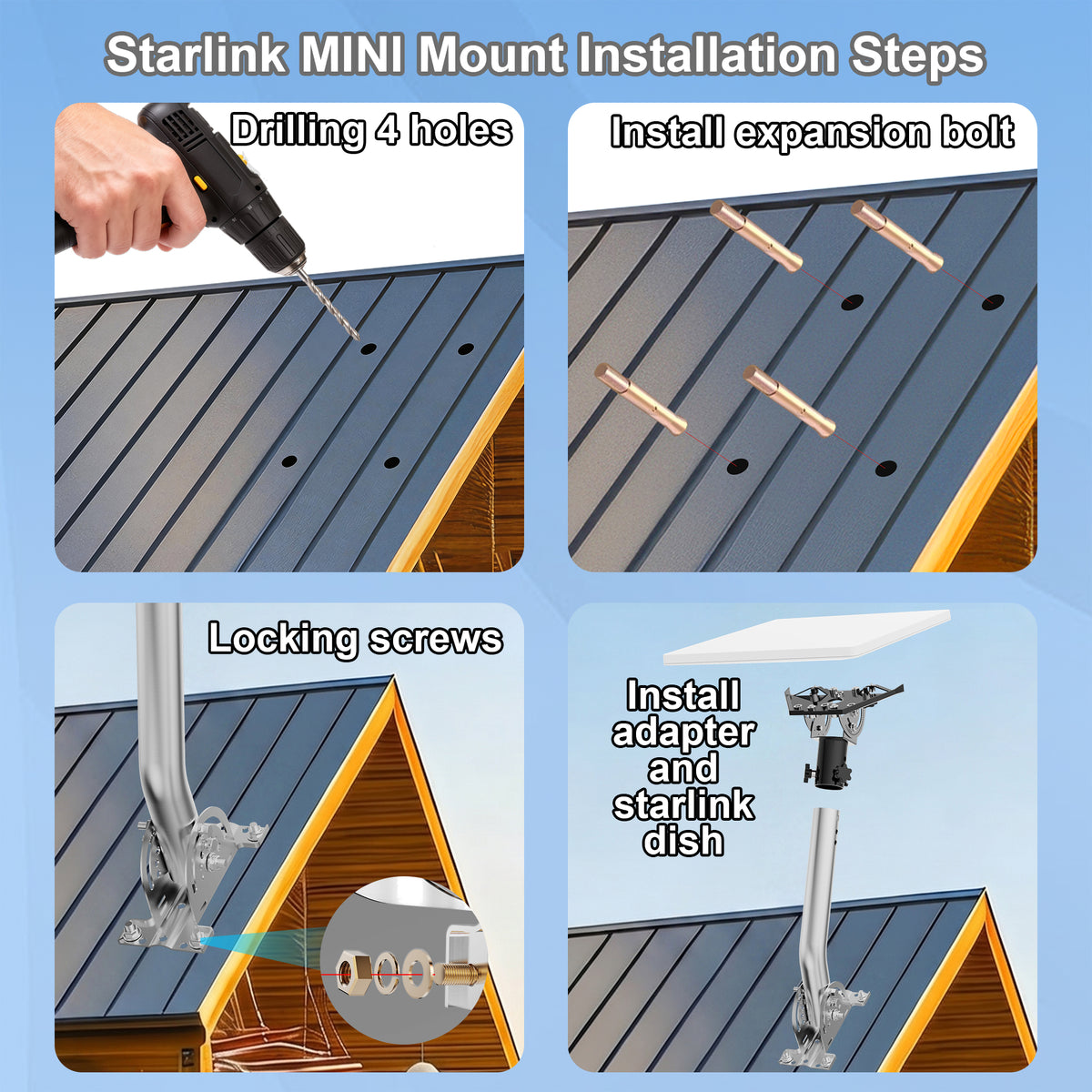 Starlink Mini Wall Mount – 265 mm Stainless Steel J-Pole with Black Adjustable Tilt Adapter