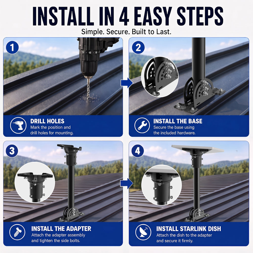 Starlink Mini Roof Mount – 290 mm Black Powder-Coated Pole with Multi-Angle Ball Joint Adapter