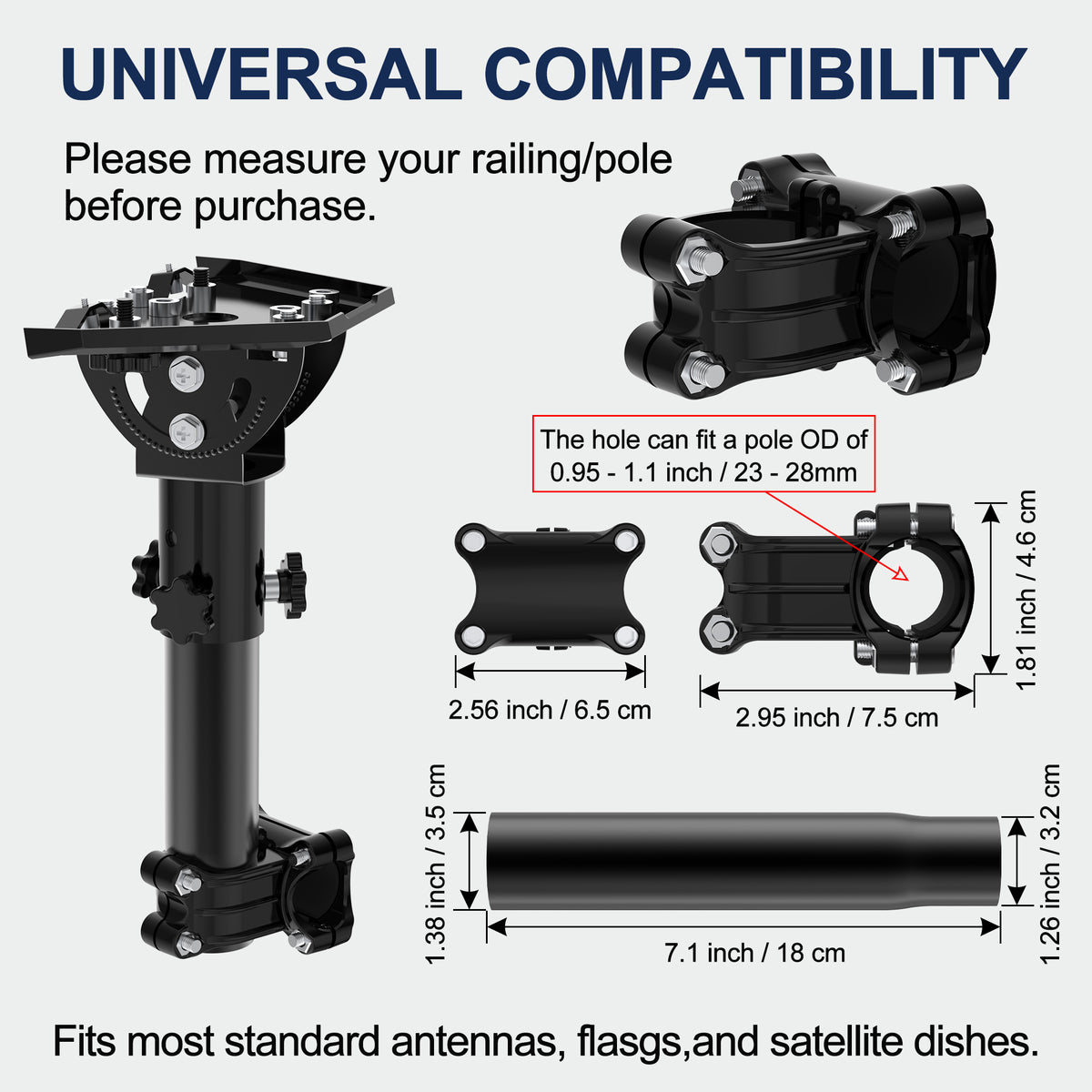 Starlink Mini RV Ladder, Roof Rack & Boat Rail Mount – 0.8–1.1" Adjustable Pole Clamp