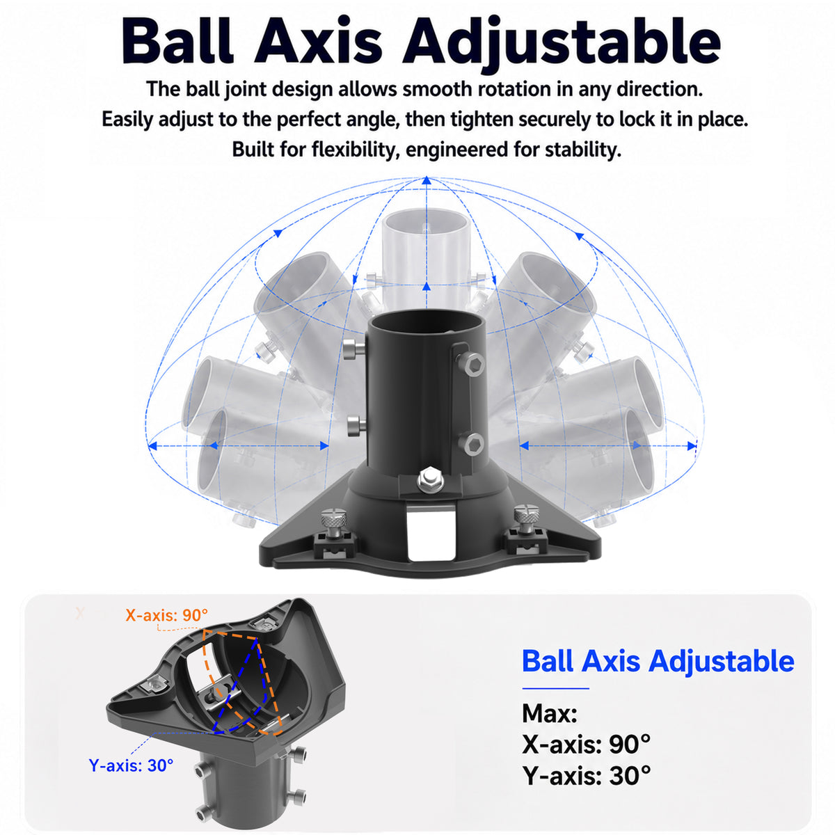 Starlink Mini Ball Joint Adapter – Black Aluminum Multi-Angle Mount for Poles Up to 2.0" / 50.5 mm