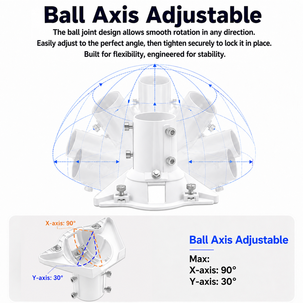 Starlink Mini Ball Joint Adapter – White Aluminum Multi-Angle Mount for Poles Up to 2.0" / 50.5 mm