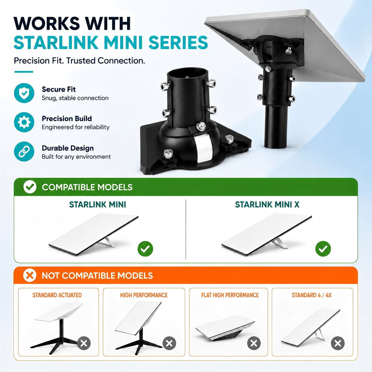 Starlink Mini Wall Mount – 265 mm Stainless Steel Pole with Black Multi-Angle Ball Joint Adapter