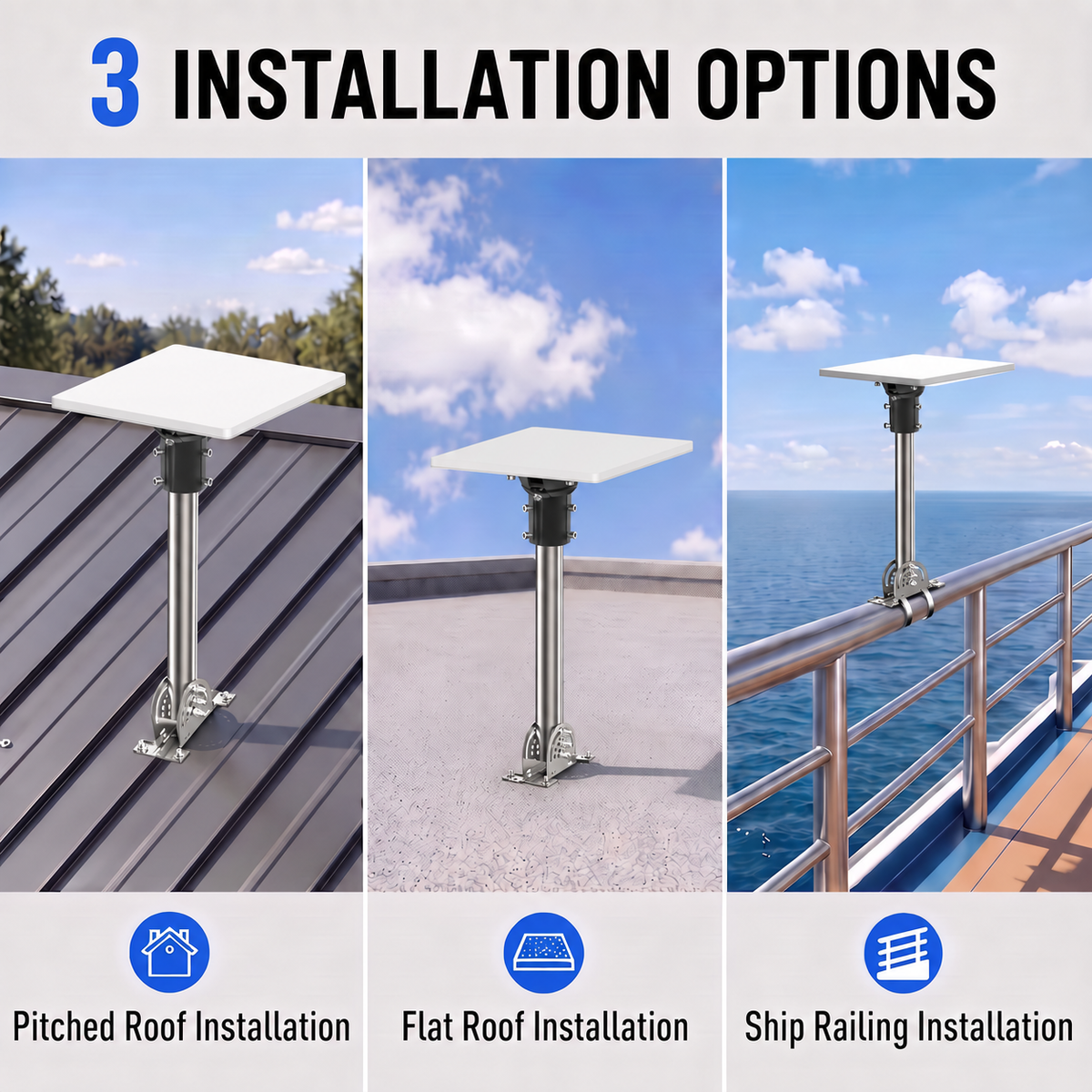 Starlink Mini Roof Mount – 290 mm Stainless Steel Pole with Black Multi-Angle Ball Joint Adapter