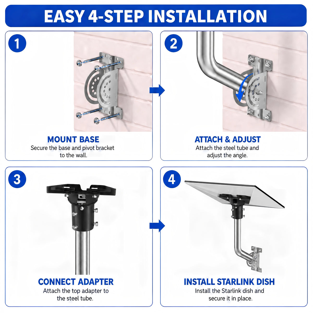 Starlink Gen 3 / Standard 4 / 4X / Enterprise Wall & Eave Mount – 300 mm Stainless Steel Pole with Black Aluminum Ball Joint Adapter