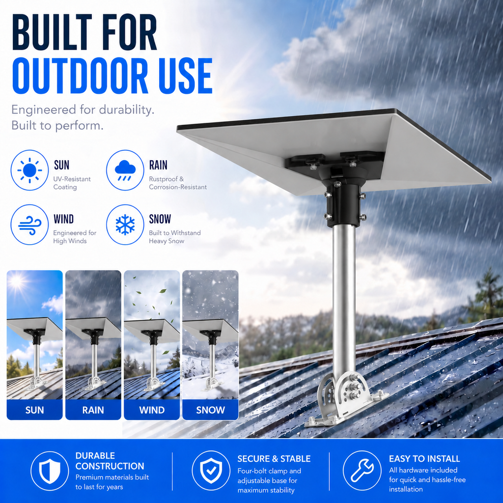 Starlink Gen 3 / Standard 4 / 4X / Enterprise Roof Mount – 430 Stainless Steel Pole with Black Aluminum Ball Joint Adapter