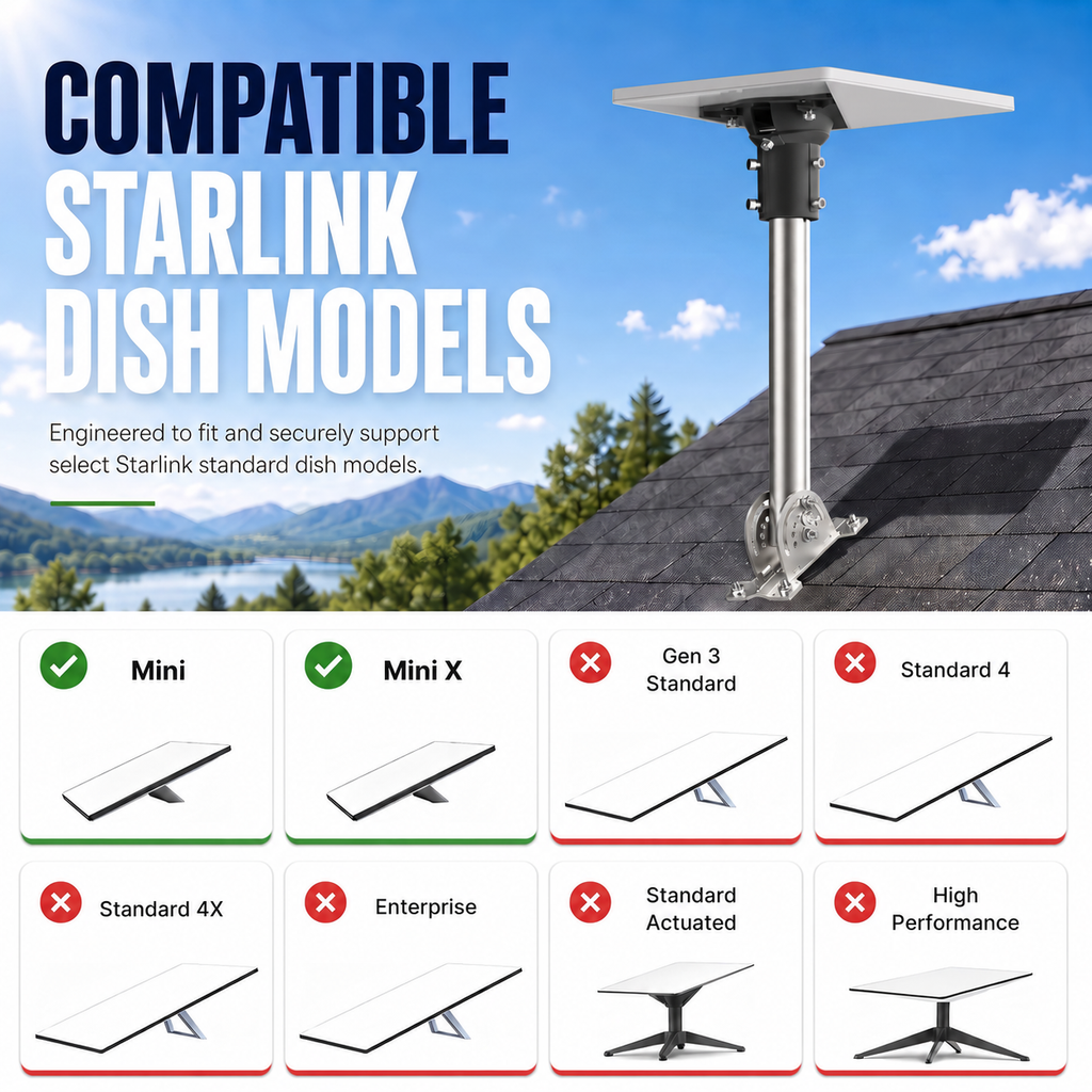 Starlink Mini Roof Mount – 290 mm Stainless Steel Pole with Black Multi-Angle Ball Joint Adapter