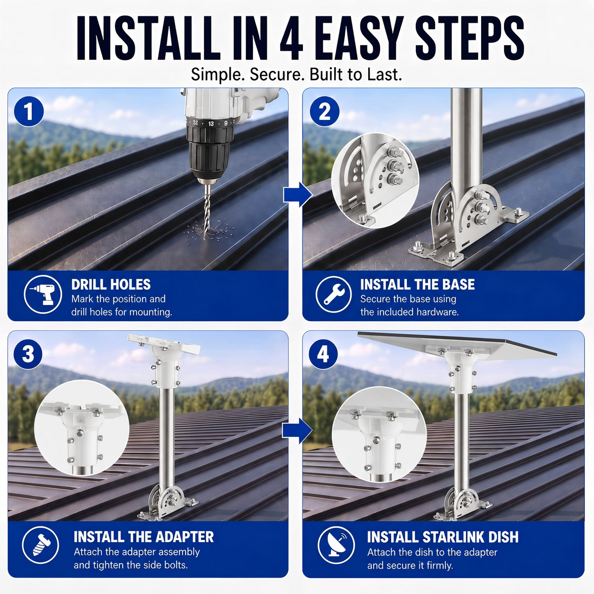 Starlink Gen 3 Roof Mount – 430 Stainless Steel Pole with White Multi-Angle Ball Joint Adapter