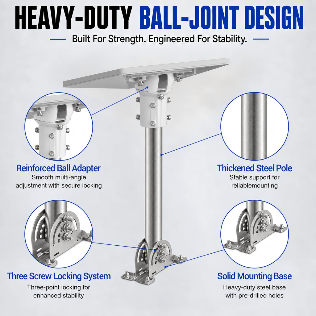 Starlink Mini Roof Mount – 290 mm Stainless Steel Pole with White Multi-Angle Ball Joint Adapter