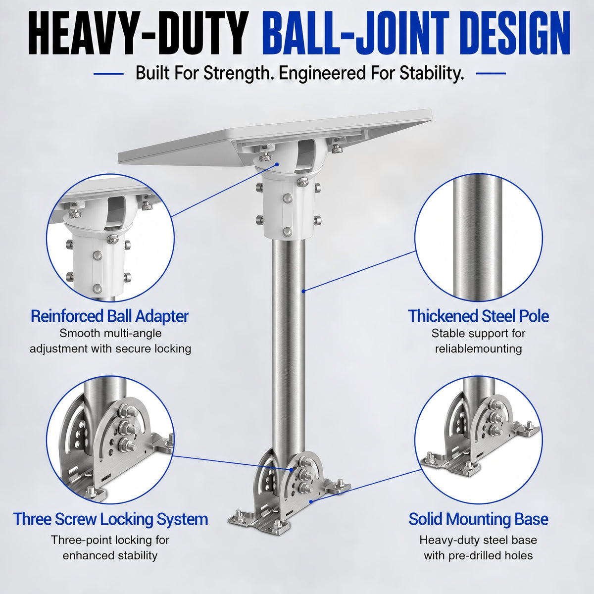 Starlink Mini Roof Mount – 290 mm Stainless Steel Pole with White Multi-Angle Ball Joint Adapter