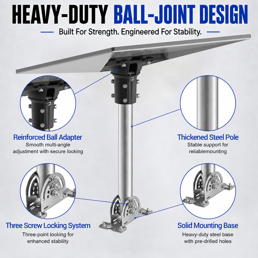 Starlink Gen 3 / Standard 4 / 4X / Enterprise Roof Mount – 430 Stainless Steel Pole with Black Aluminum Ball Joint Adapter
