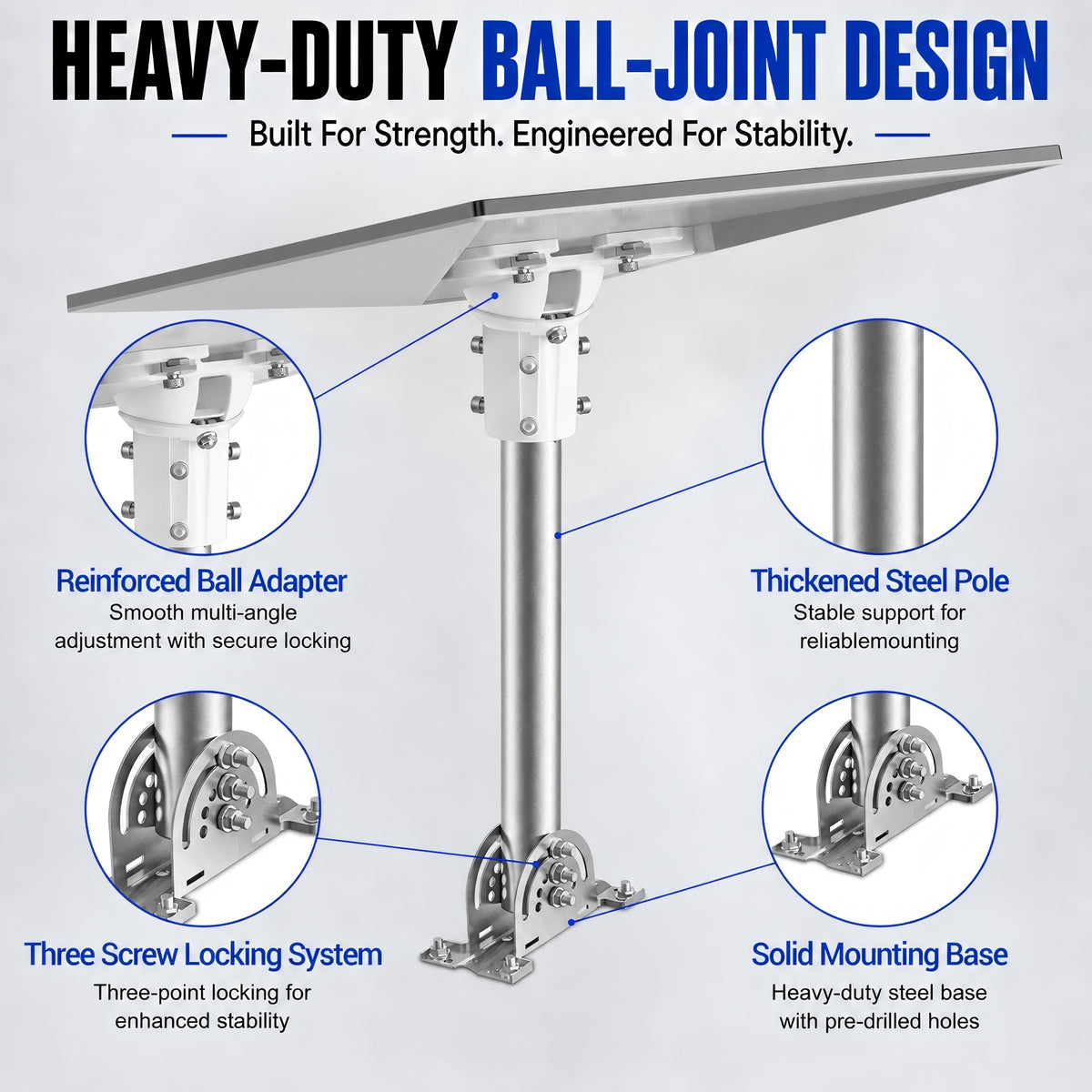 Starlink Gen 3 Roof Mount – 430 Stainless Steel Pole with White Multi-Angle Ball Joint Adapter